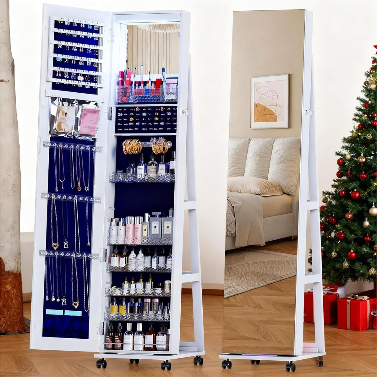White 360° Swivel LED Jewelry Cabinet Mirror Lockable Rolling Organizer