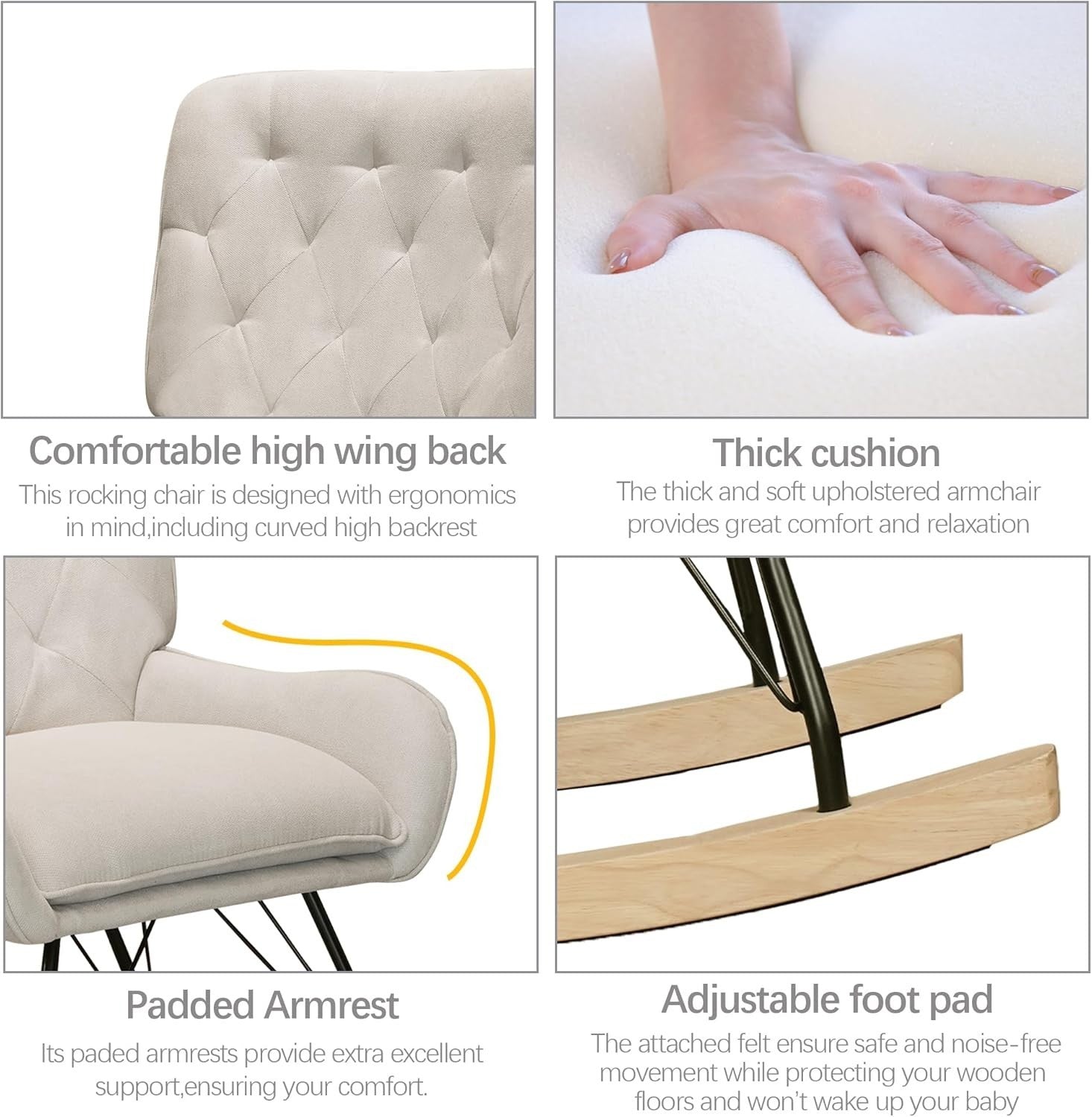 Comfortable Velvet Rocking Chair with Wooden Base for Living Rooms
