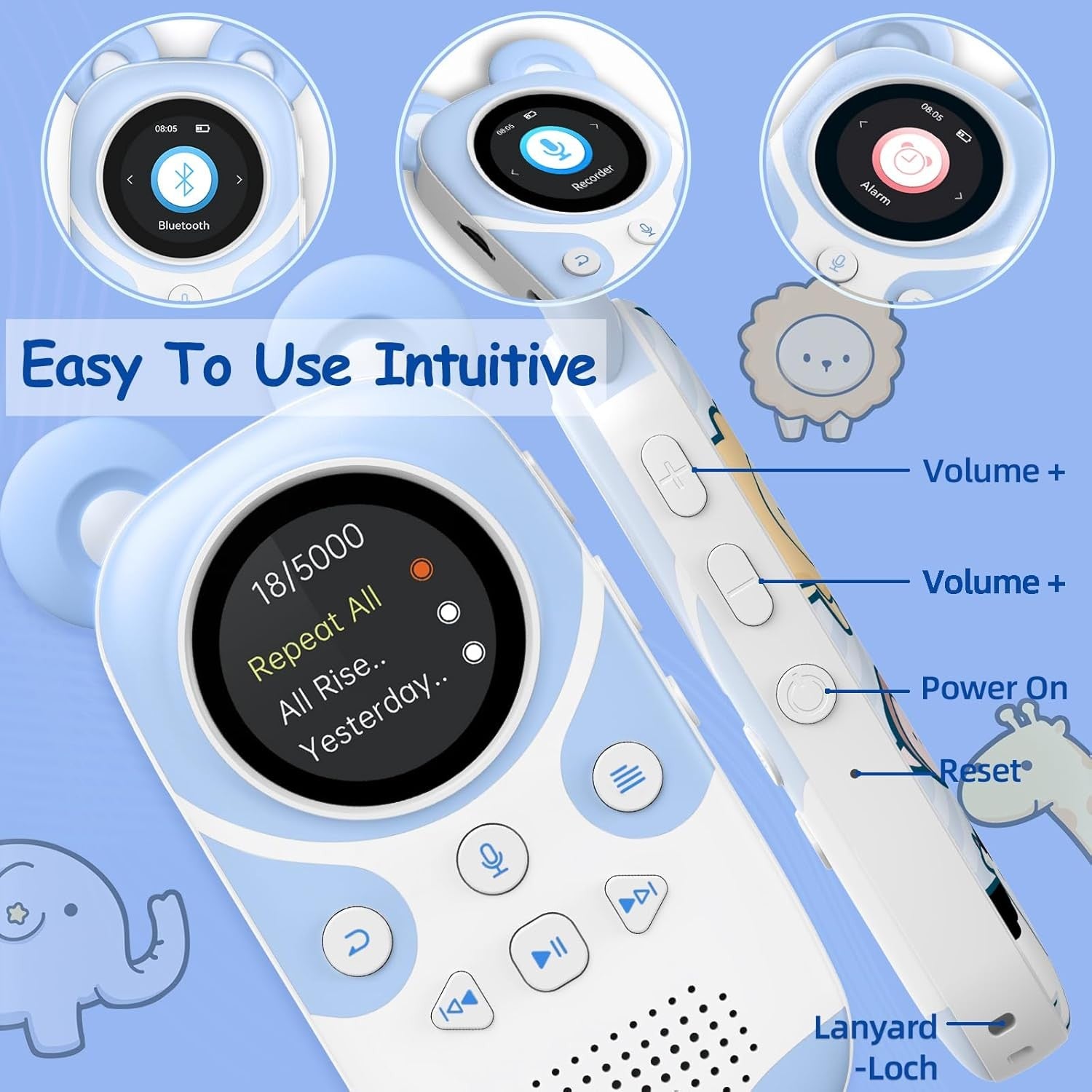Kids MP3 Player 64GB Bluetooth 5.3 FM Speaker Alarm