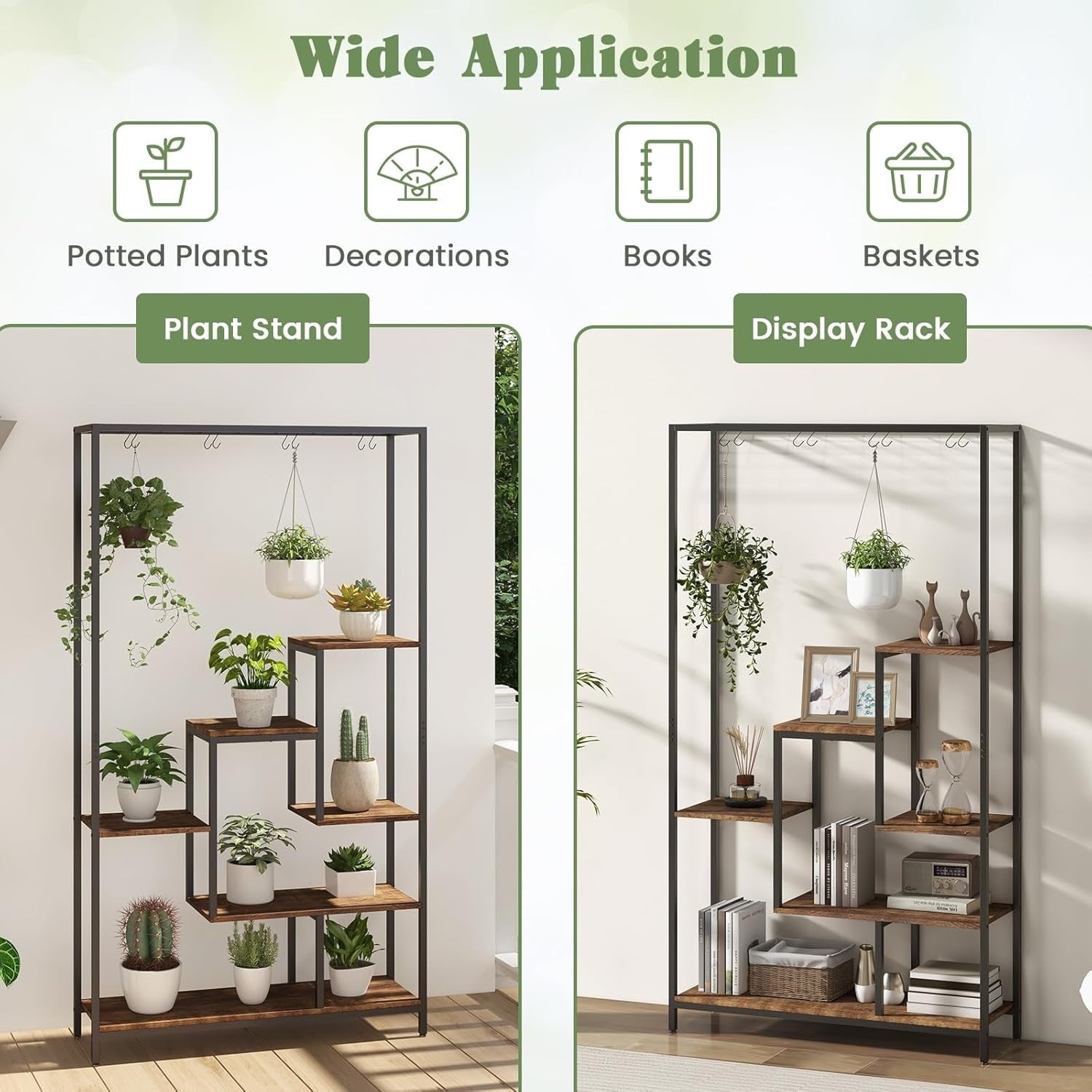 6-Tier Tall Metal Plant Stand with Hooks, Indoor Flower Shelf Display Rack 180cm