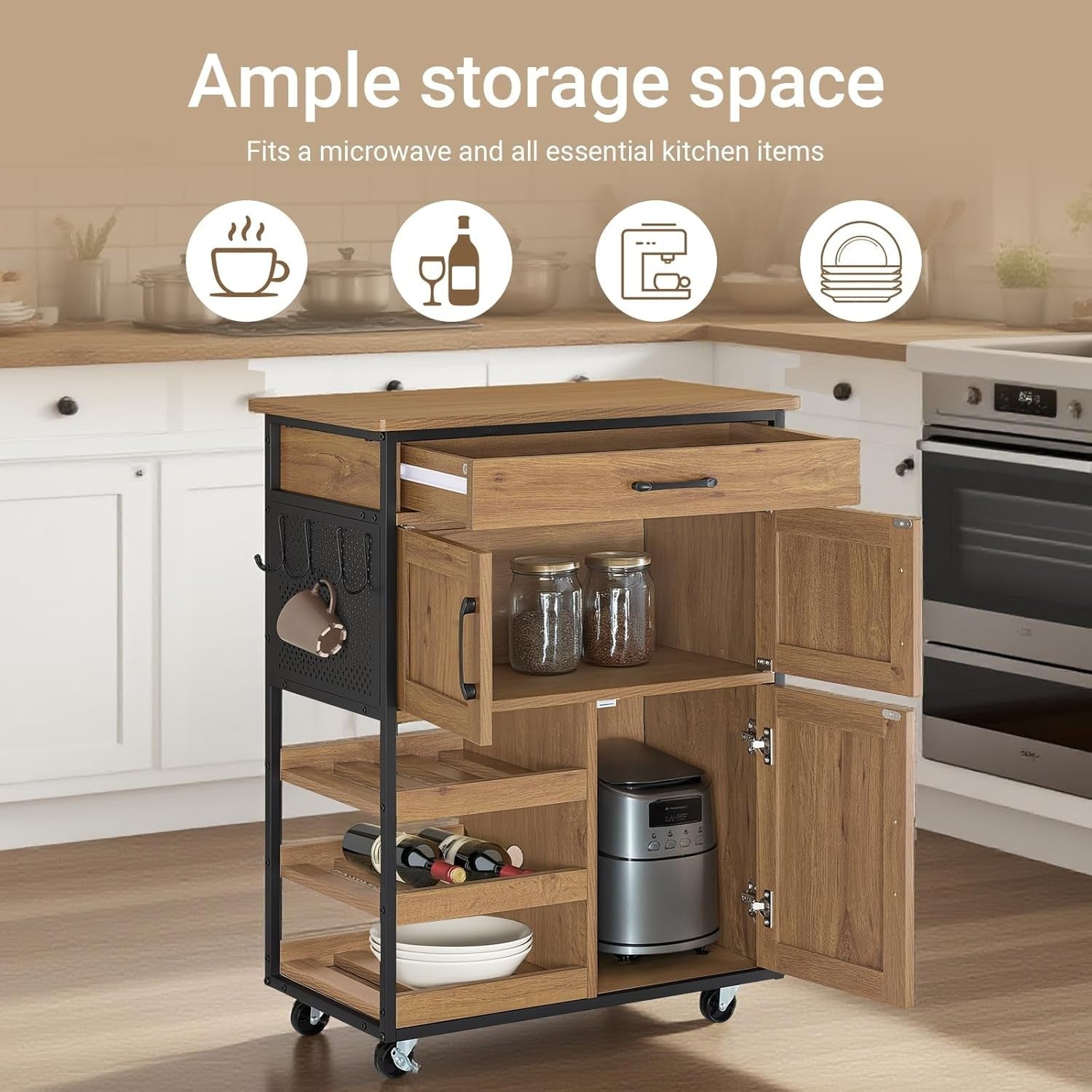Industrial Vintage Kitchen Trolley with Wine Rack, Drawer & Lockable Wheels