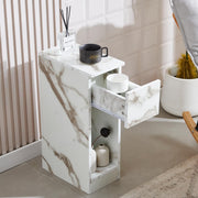 White Marble Slim Bedside Table with Drawer & Shelf, Narrow Modern Nightstand