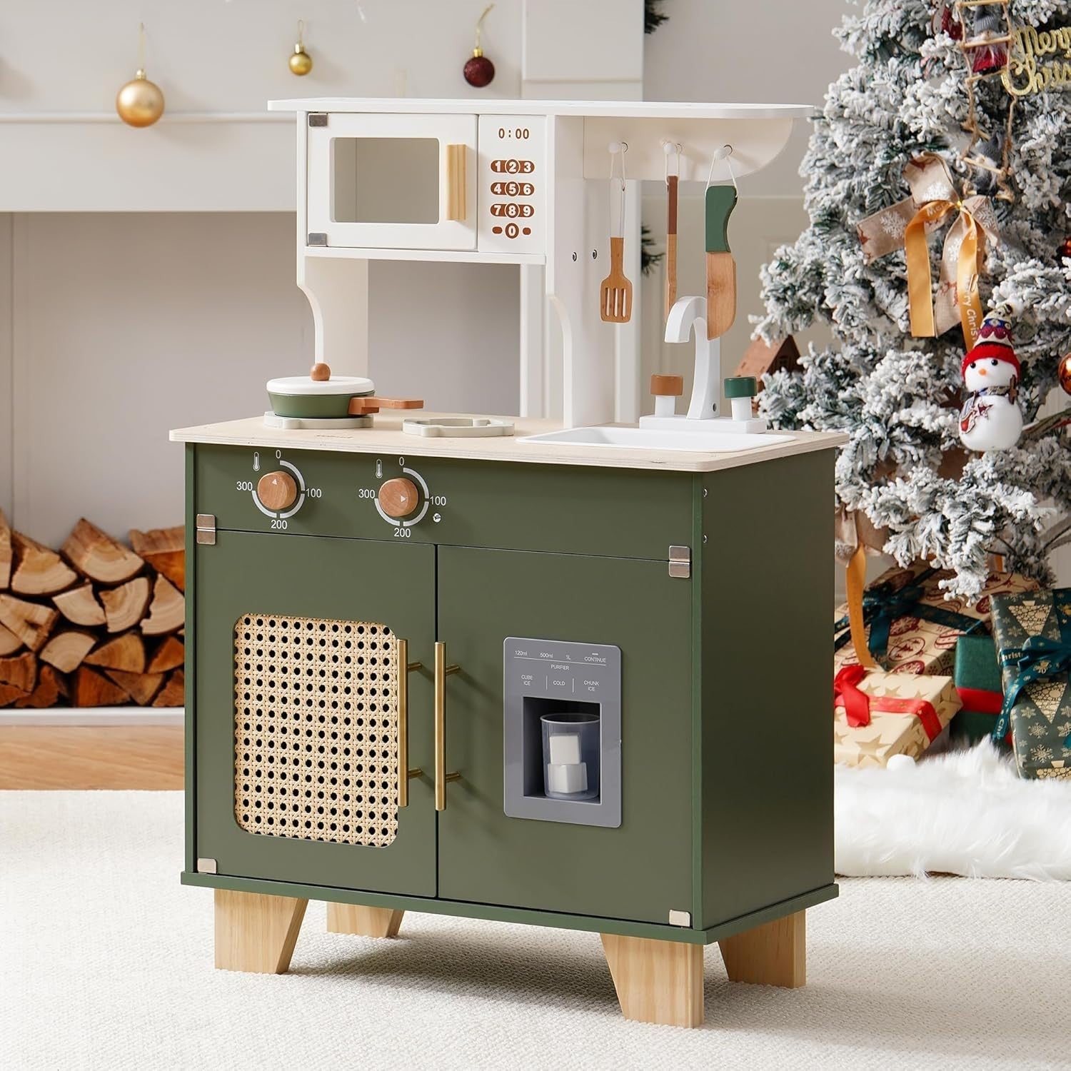 Wooden Kids Play Kitchen w/ Ice Dispenser Vintage Green Toy