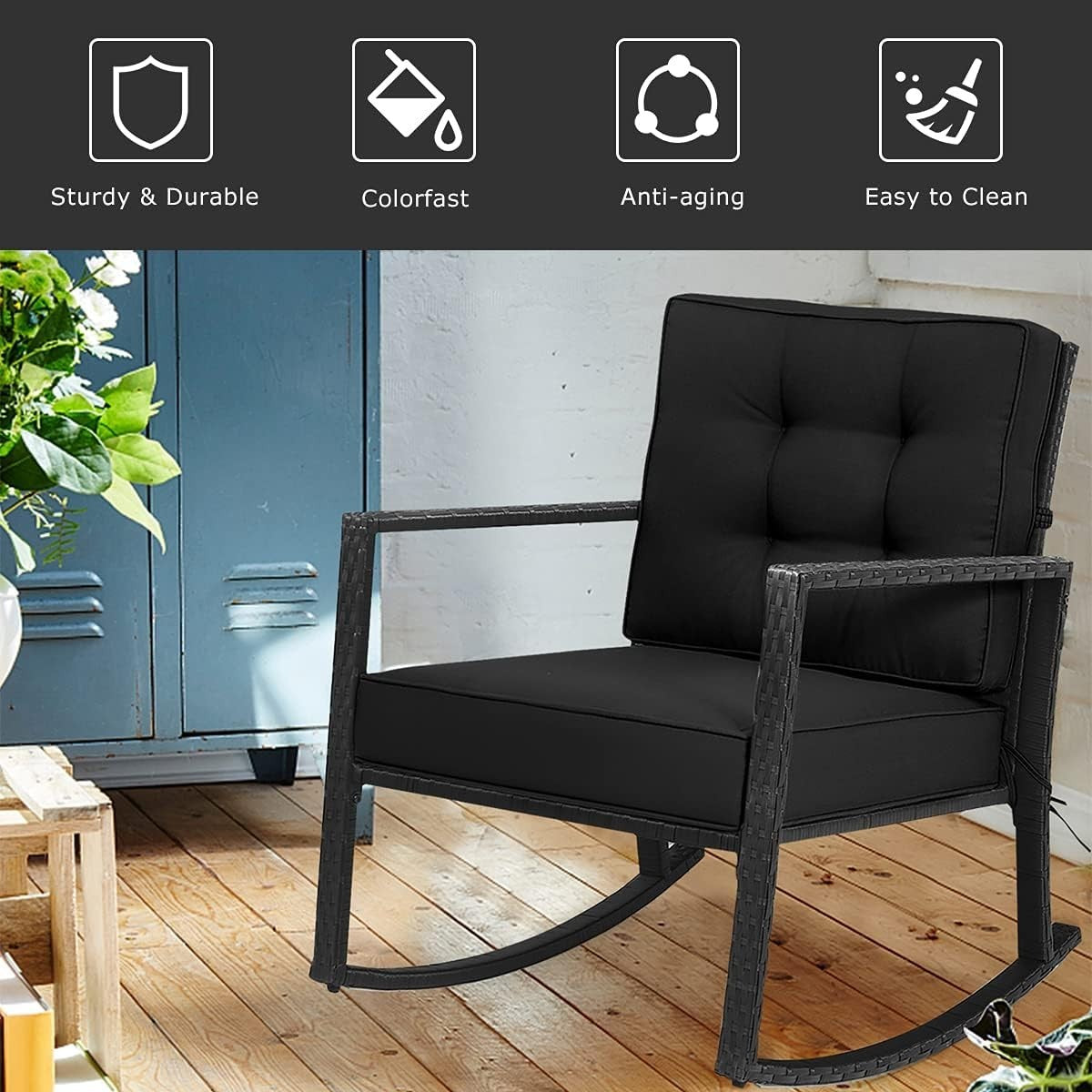 Outdoor Rattan Rocking Chair Black with Cushions, Armrests & Iron Frame
