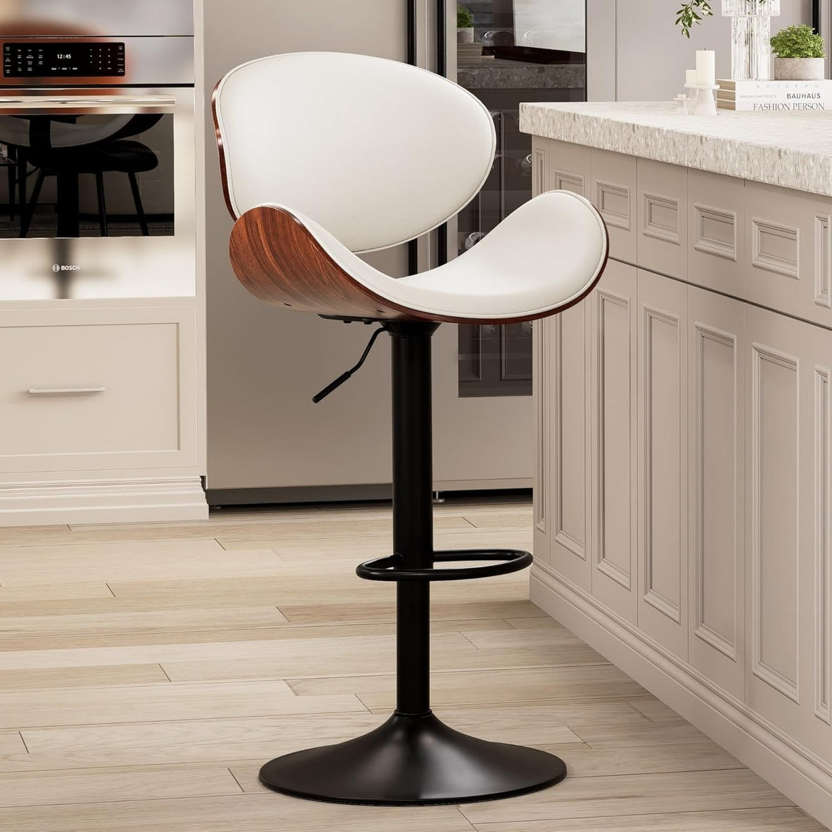 Adjustable White Bar Stool | Wooden Seat, Faux Leather, Swivel, 1pc
