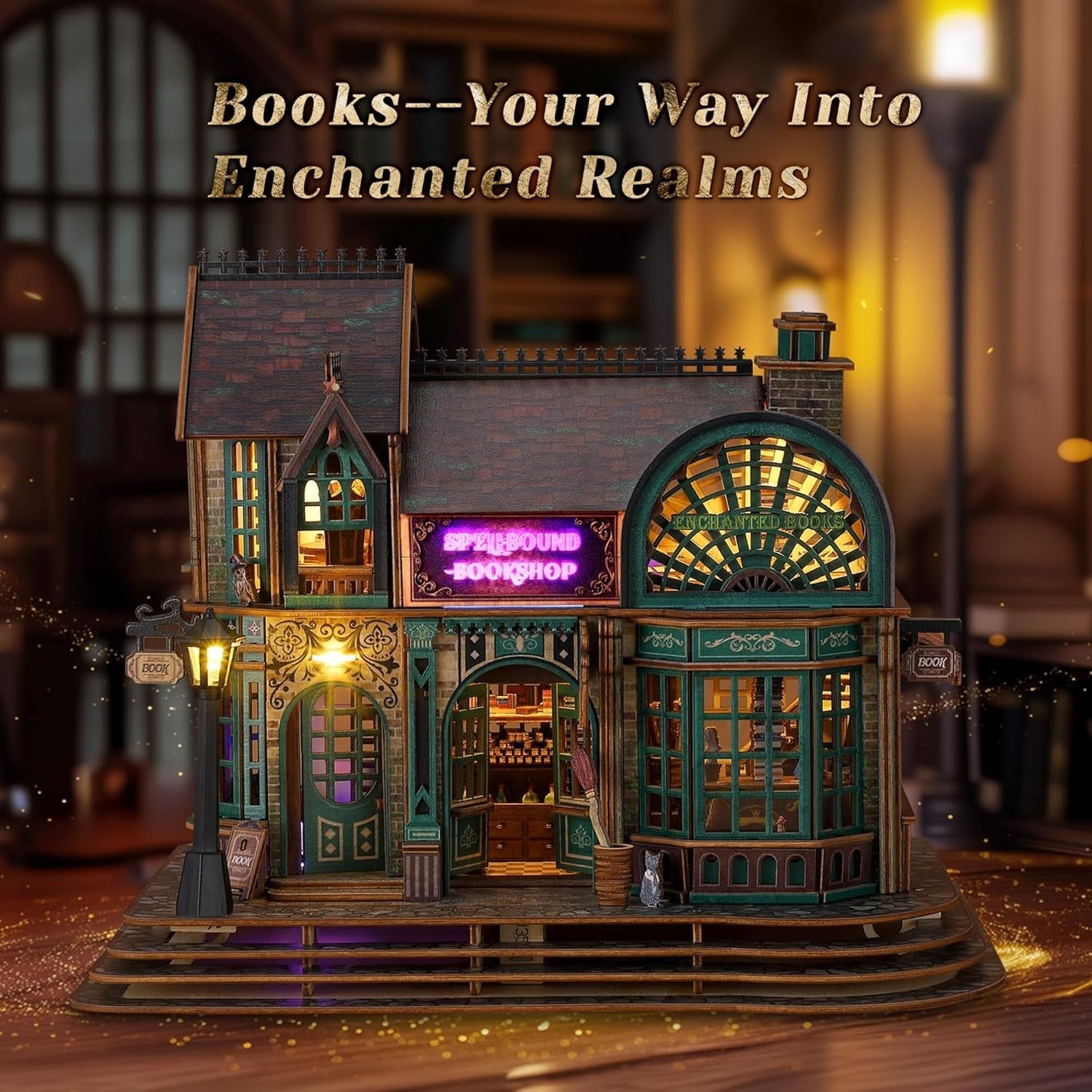 3D LED Wood Puzzle Bookshop Model with Lights, DIY Magical Decor Kit