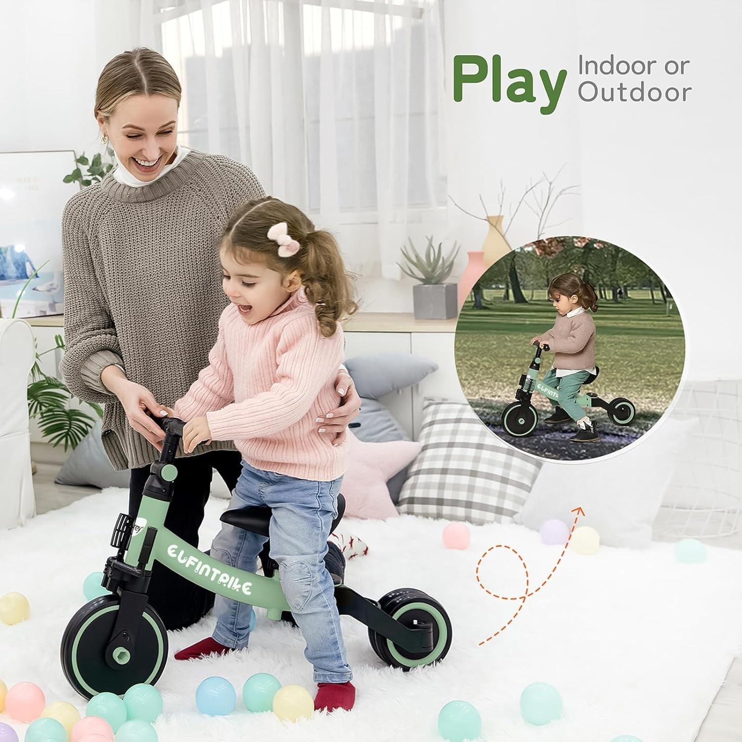 5 In 1 Toddler Tricycle Balance Bike Ride On Toy Removable Pedals Green