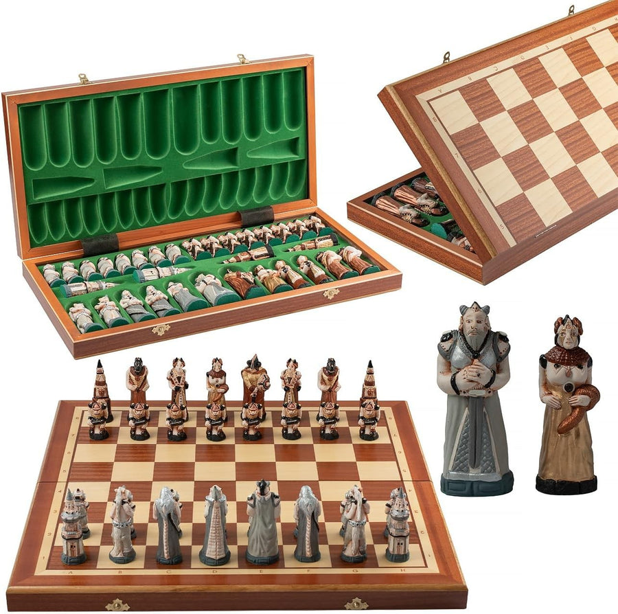 58cm Medieval Fantasy Chess Set | Stone Figures & Inlaid Wooden Board | Handcraf