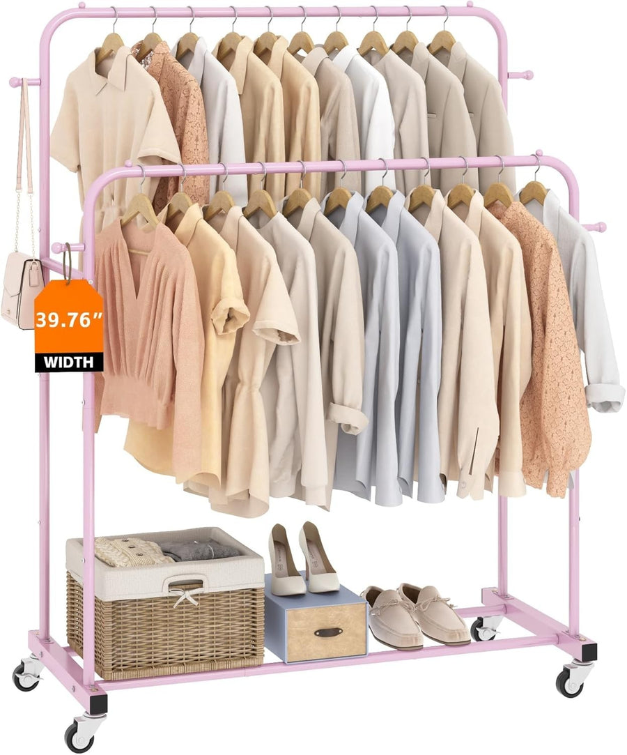 Pink Double Clothes Rail with Wheels & Hooks 169cm