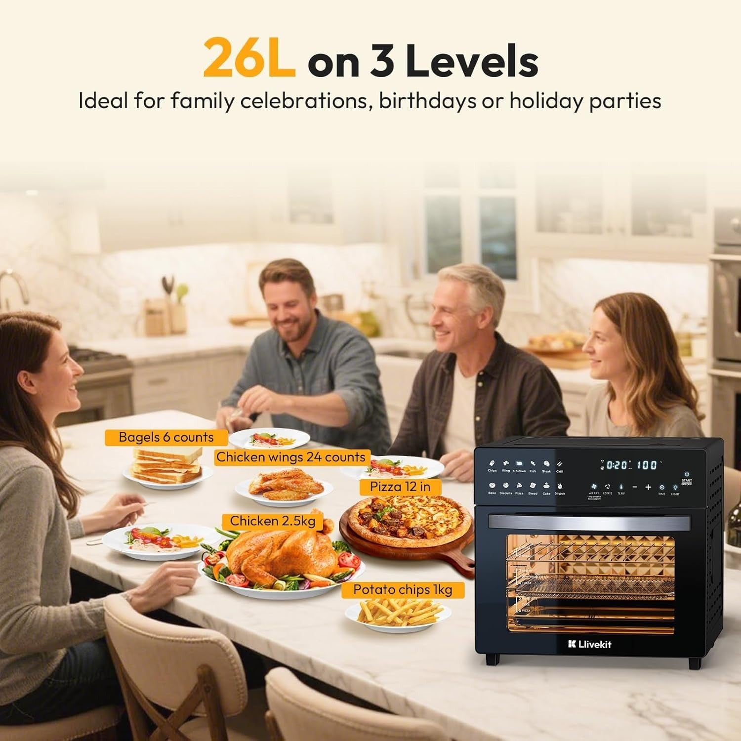 26L Air Fryer Oven Rotisserie Touchscreen 12 Presets 1700W Low Fat XXL