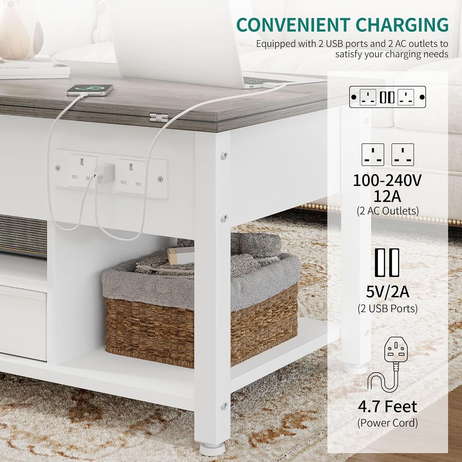 Lift Top Coffee Table with Storage, LED Lights, USB & Outlets, White Grey