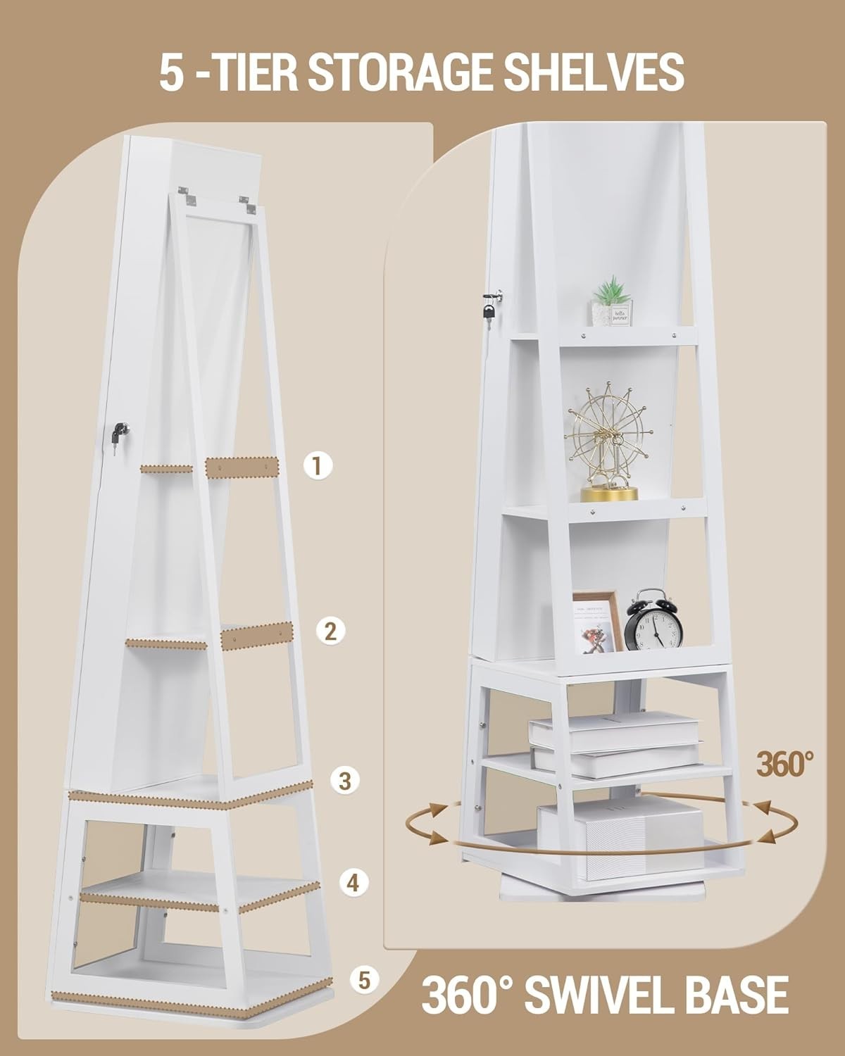 360° Rotating Mirror Jewellery Cabinet Lockable LED Storage Organizer