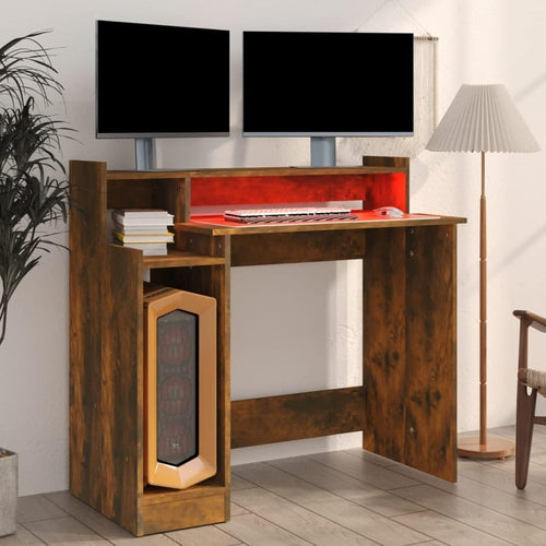 Modern Smoked Oak Computer Desk 97x90cm with LED Lights & Shelf for Office