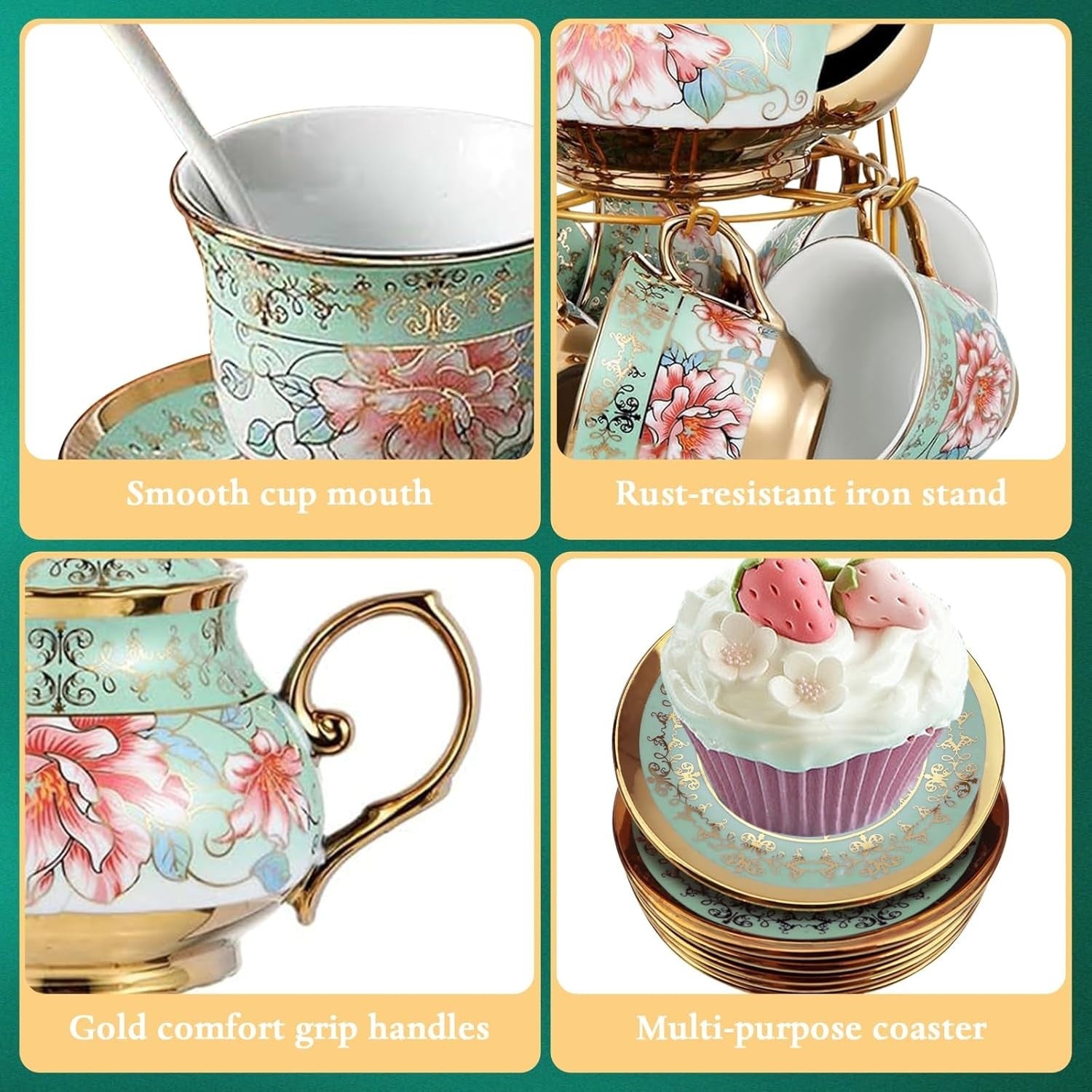 20Pc Green Porcelain Tea Set Gold Floral Teapot Cups Saucers Stand