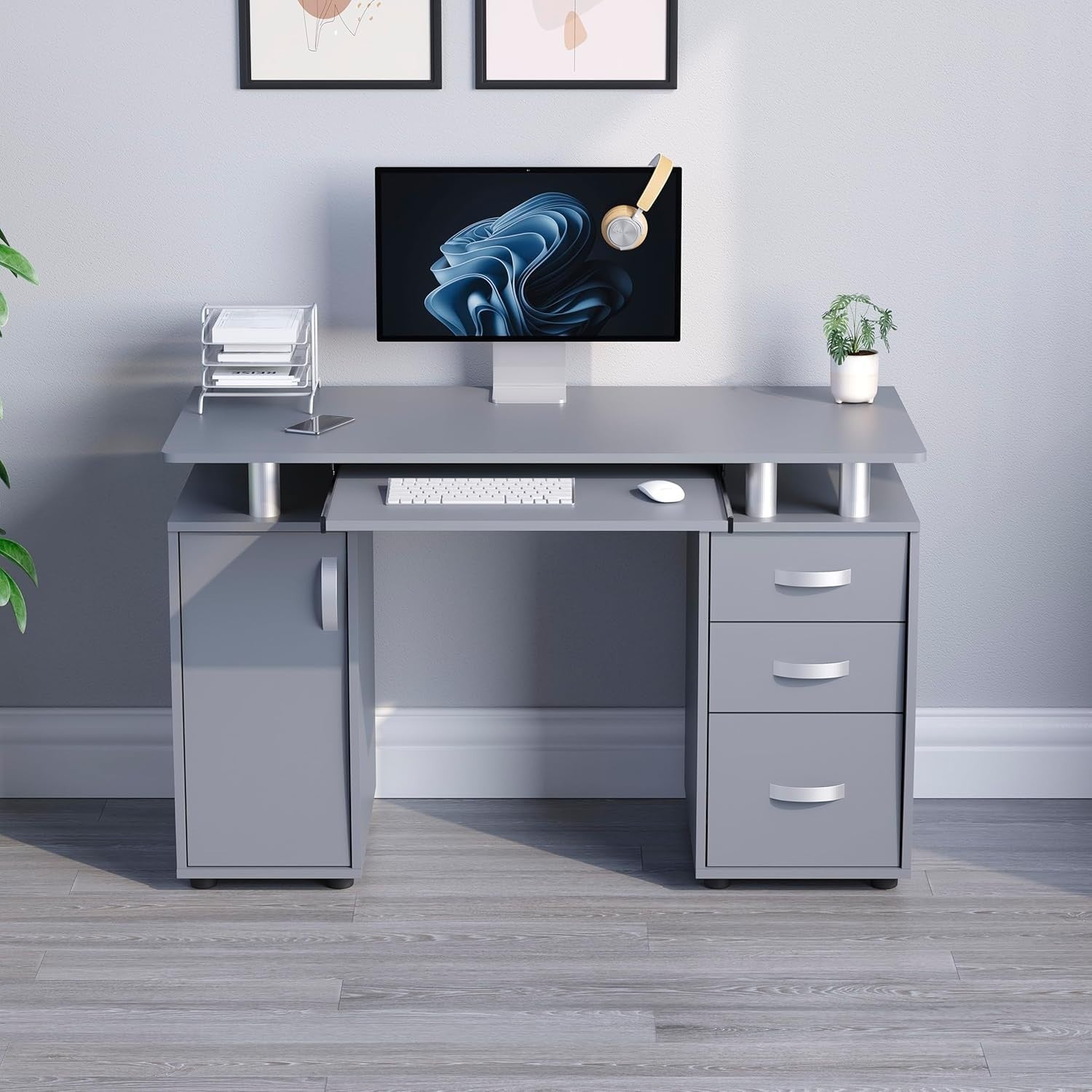 Grey 3 Drawer Computer Desk w/Shelves & Keyboard Tray, 120cm Workstation