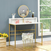 Modern White Vanity Desk w/ Mirror Marble Top Makeup Table Gold Legs