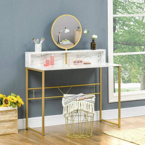 Modern White Vanity Desk w/ Mirror Marble Top Makeup Table Gold Legs