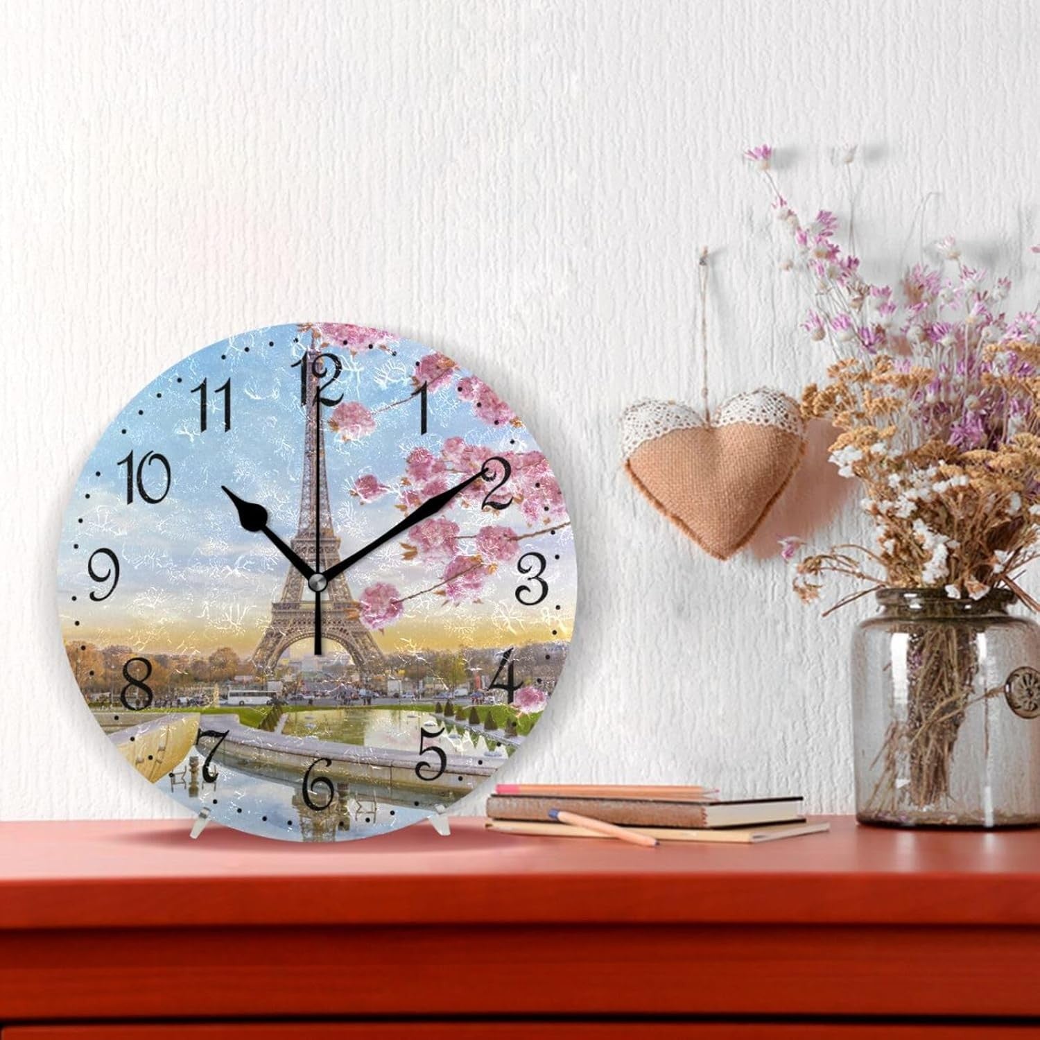 25cm Eiffel Tower Wall Clock – Silent Non-Ticking Spring Flowers Paris Decor