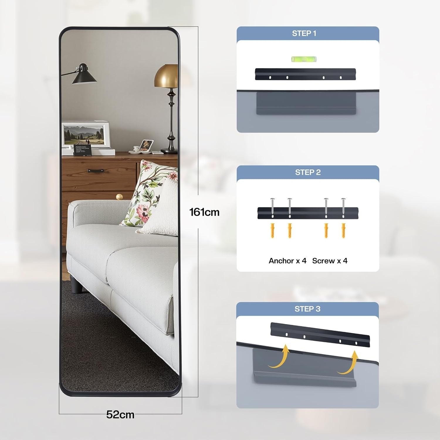 Full Length Wall Mirror 161x52cm Black Frame Leaning Mirror for Bedroom