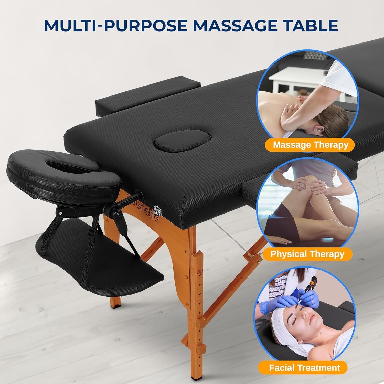 Portable Massage Table 3-Section Adjustable Folding Therapy Beauty Spa Bed Black