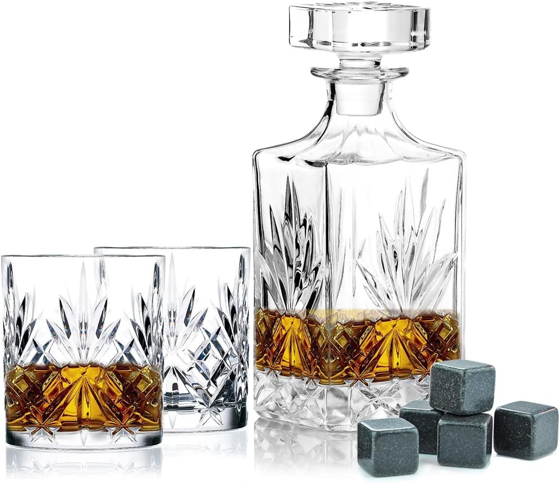 750ml Whiskey Decanter Gift Set with 2 Glasses Stones & Wooden Box Luxury Men