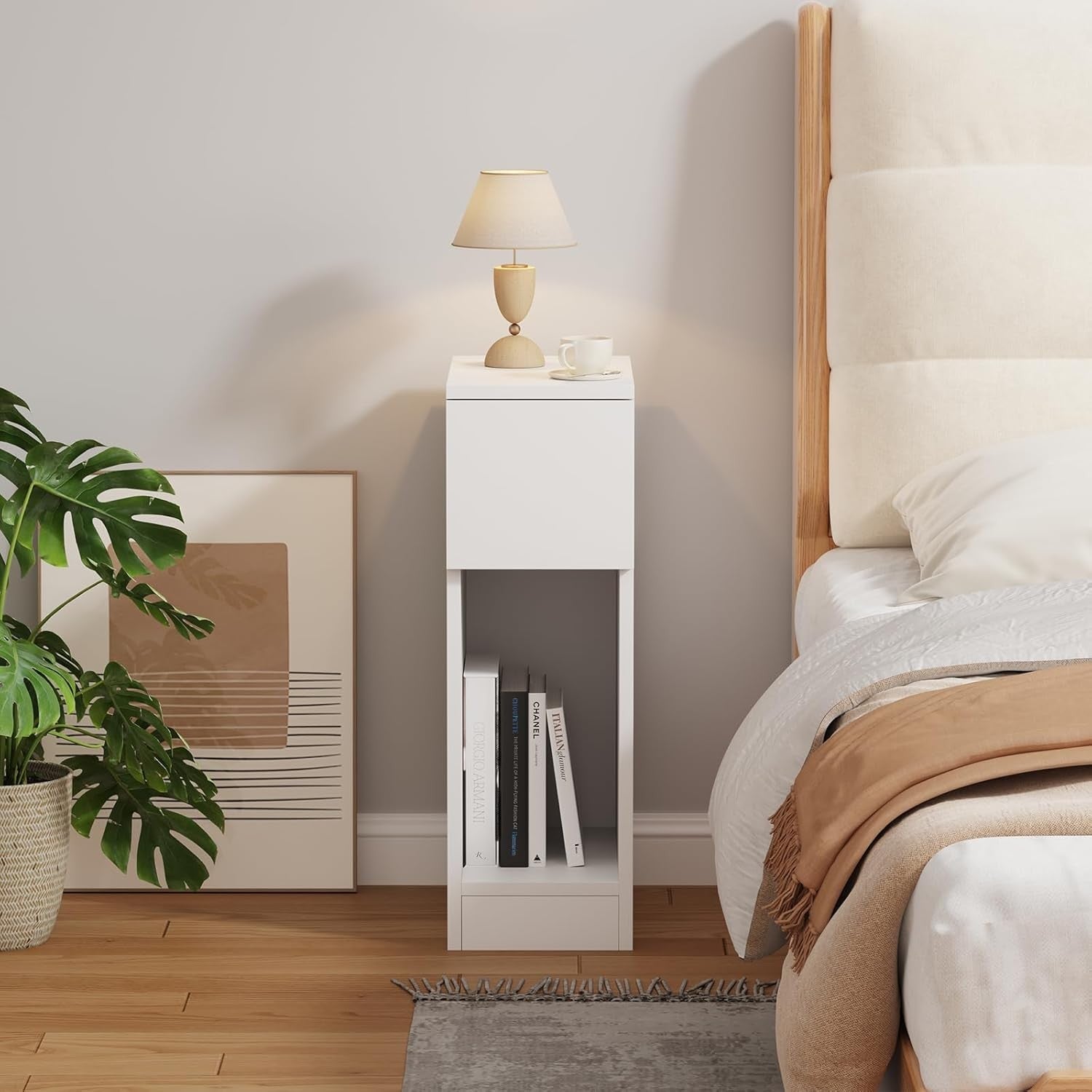 Slim White Bedside Table Drawer & Shelf, Narrow Nightstand for Small Spaces