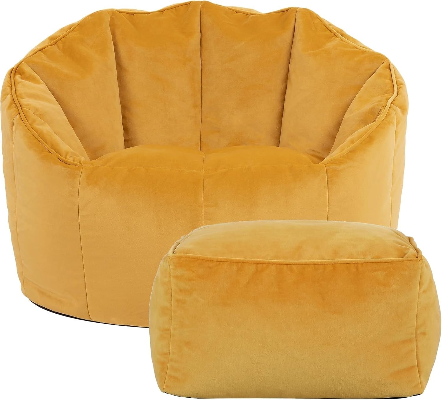 Yellow Velvet Bean Bag Chair with Footstool Adult Lounge Seat Set UK