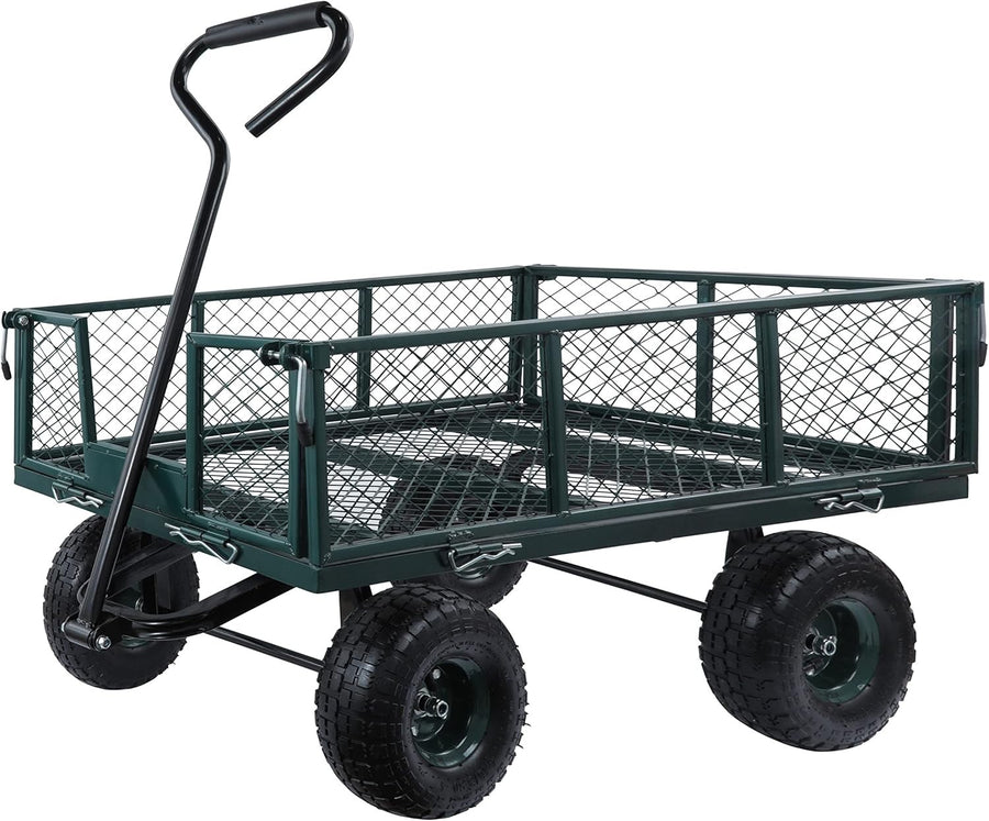 Heavy Duty Steel Garden Cart Trolley 350kg Mesh Wagon w/ Folding Sides & Tyres