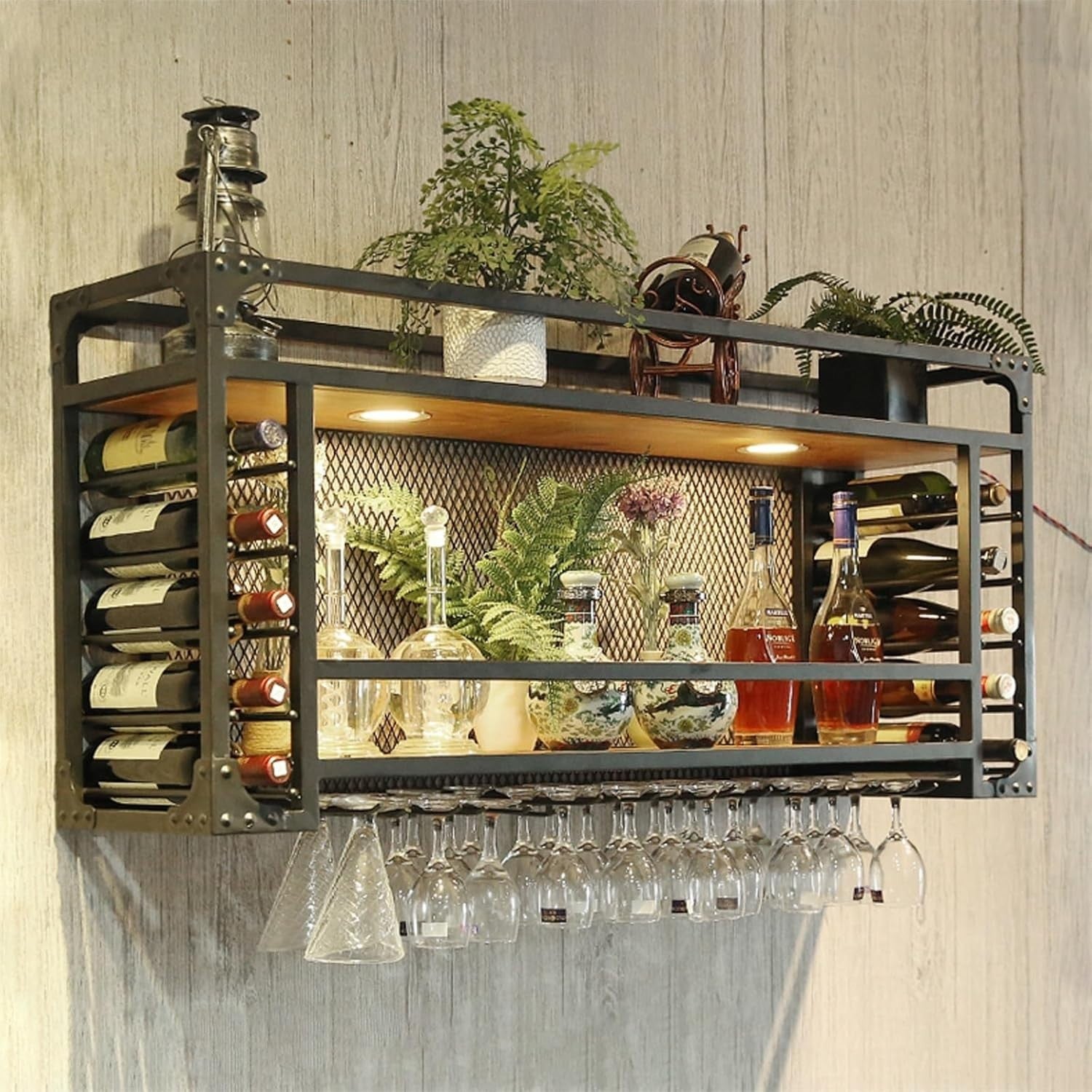 Wall Mounted Wine Rack with Glass Holder Shelf Modern Metal Hanging Bar Storage
