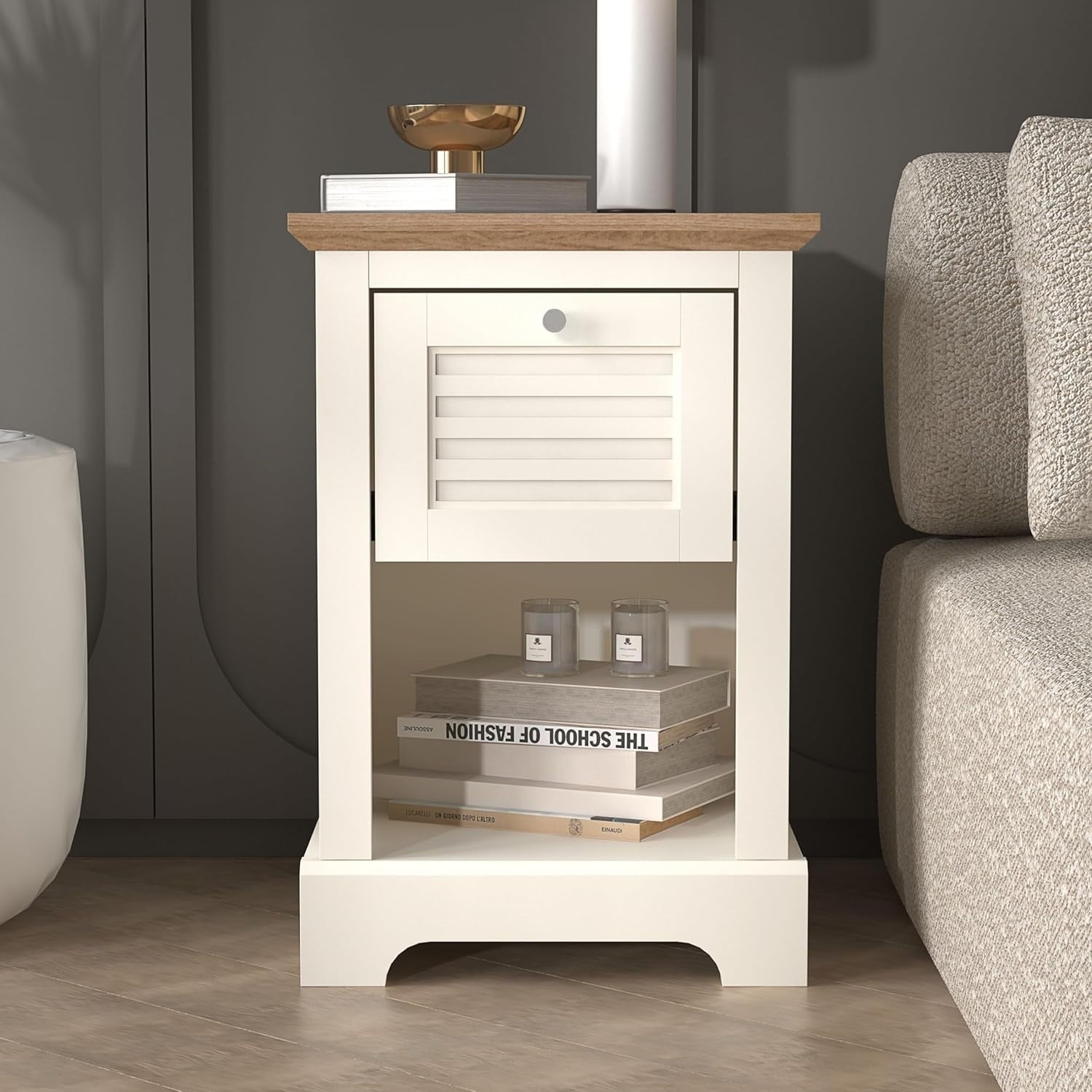 Ivory & Oak Bedside Table with Drawer | Modern Nightstand for Bedroom