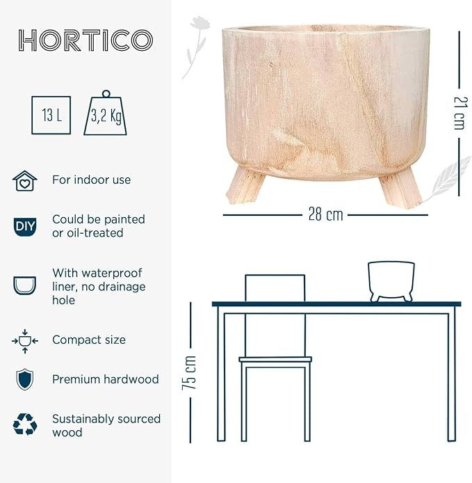 Natural Wooden Indoor Planter with Legs Waterproof Liner Rustic Pot Stand 28cm