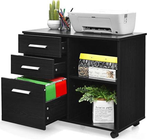 3 Drawer Mobile Filing Cabinet with Shelves Under Desk Office Storage Black