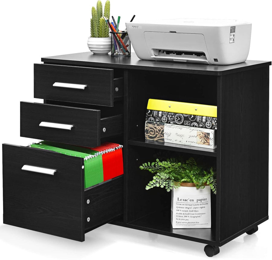 3 Drawer Mobile Filing Cabinet with Shelves Under Desk Office Storage Black