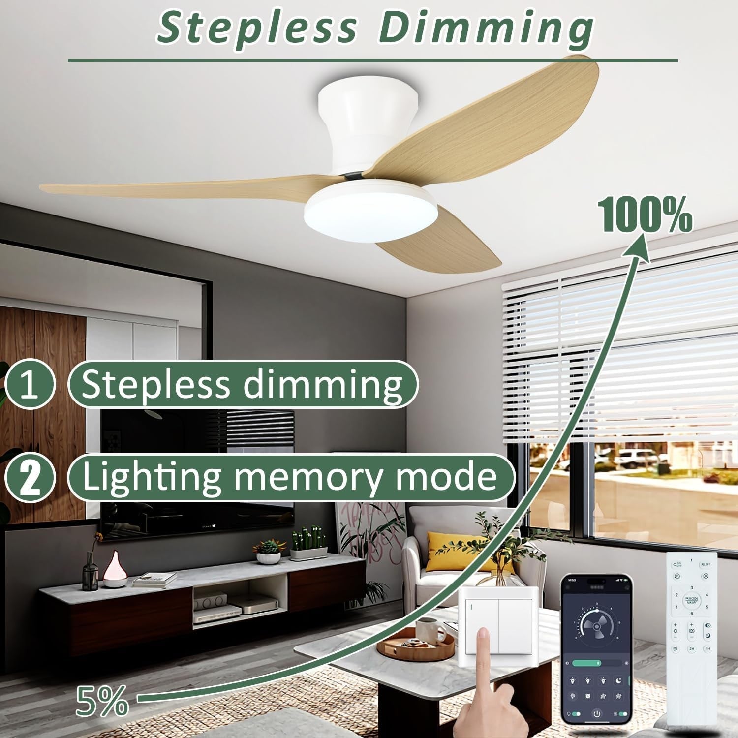 Lrenjon 100CM Ceiling Fan Light, 6-Speed Silent LED – Wood Grain
