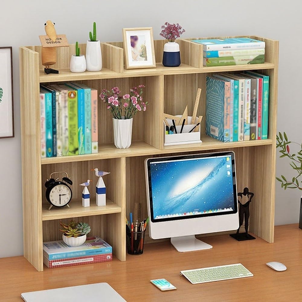 Yellow Desk Hutch Bookshelf Organizer | 9-Grid Desktop Storage Shelf 80cm