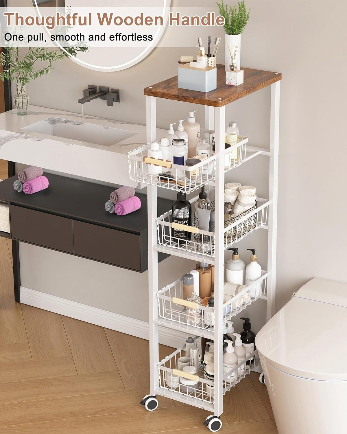 5 Tier Slim Kitchen Storage Trolley on Wheels Wood Top