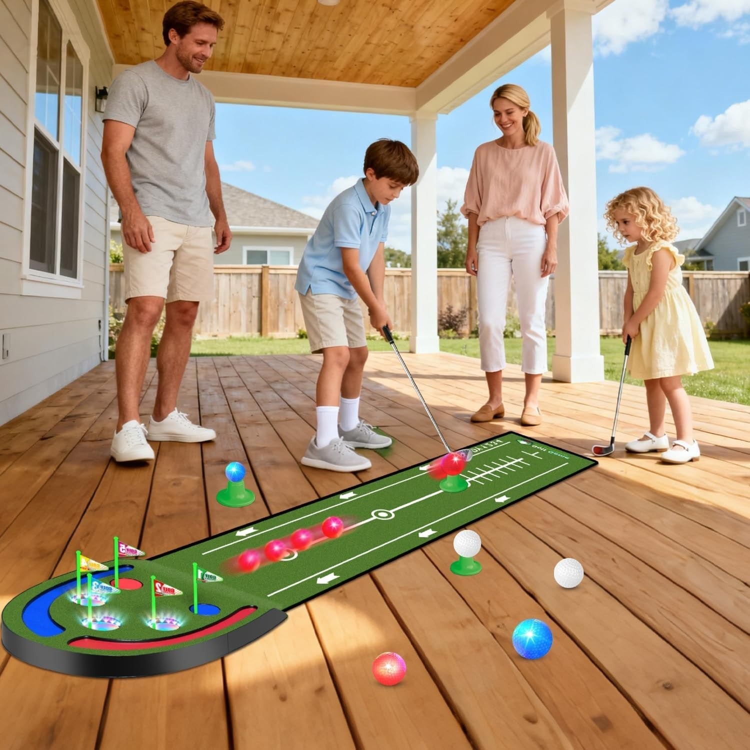 Indoor Golf Putting Mat Game Set LED Balls Glow Cups Kids Adults