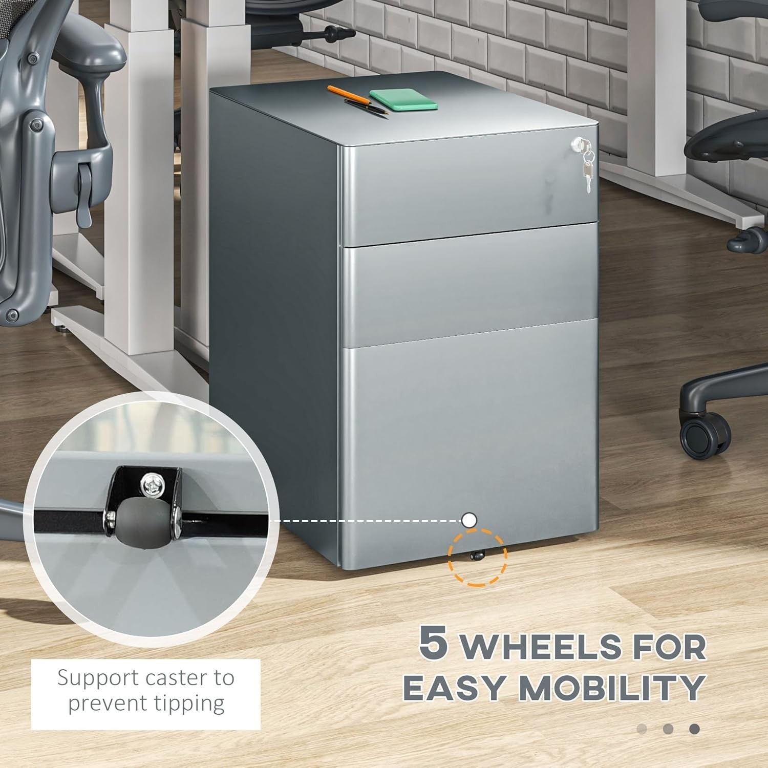Grey 3 Drawer Mobile Filing Cabinet Lockable Steel A4 Letter Office Storage