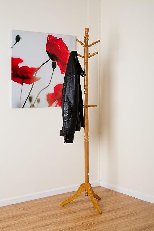 Solid Wood Coat Tree Stand with 9 Hooks | Freestanding Oak Finish Coat Rack