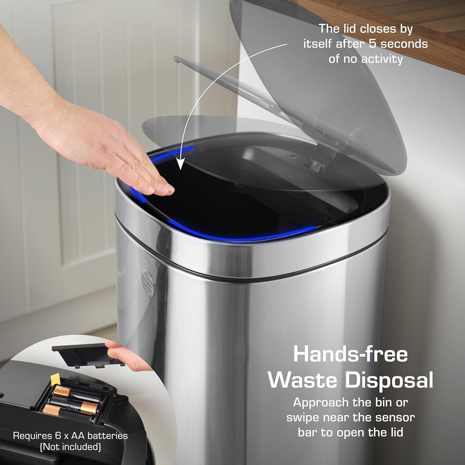 30L Sensor Kitchen Bin Stainless Steel Hands Free Ozone Control