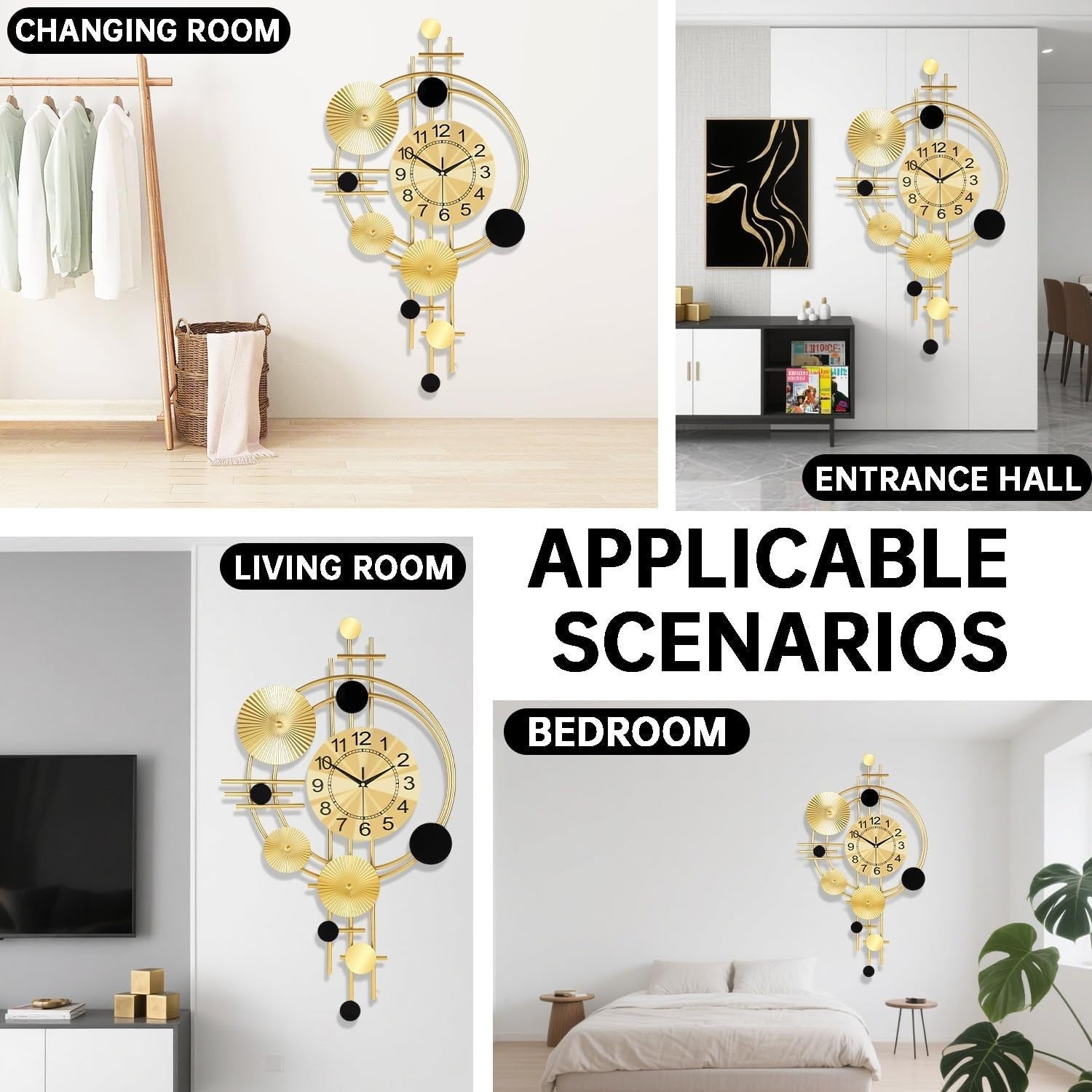 Luxury Silent Wall Clock Gold 30” Metal Art Deco Modern Home Decor