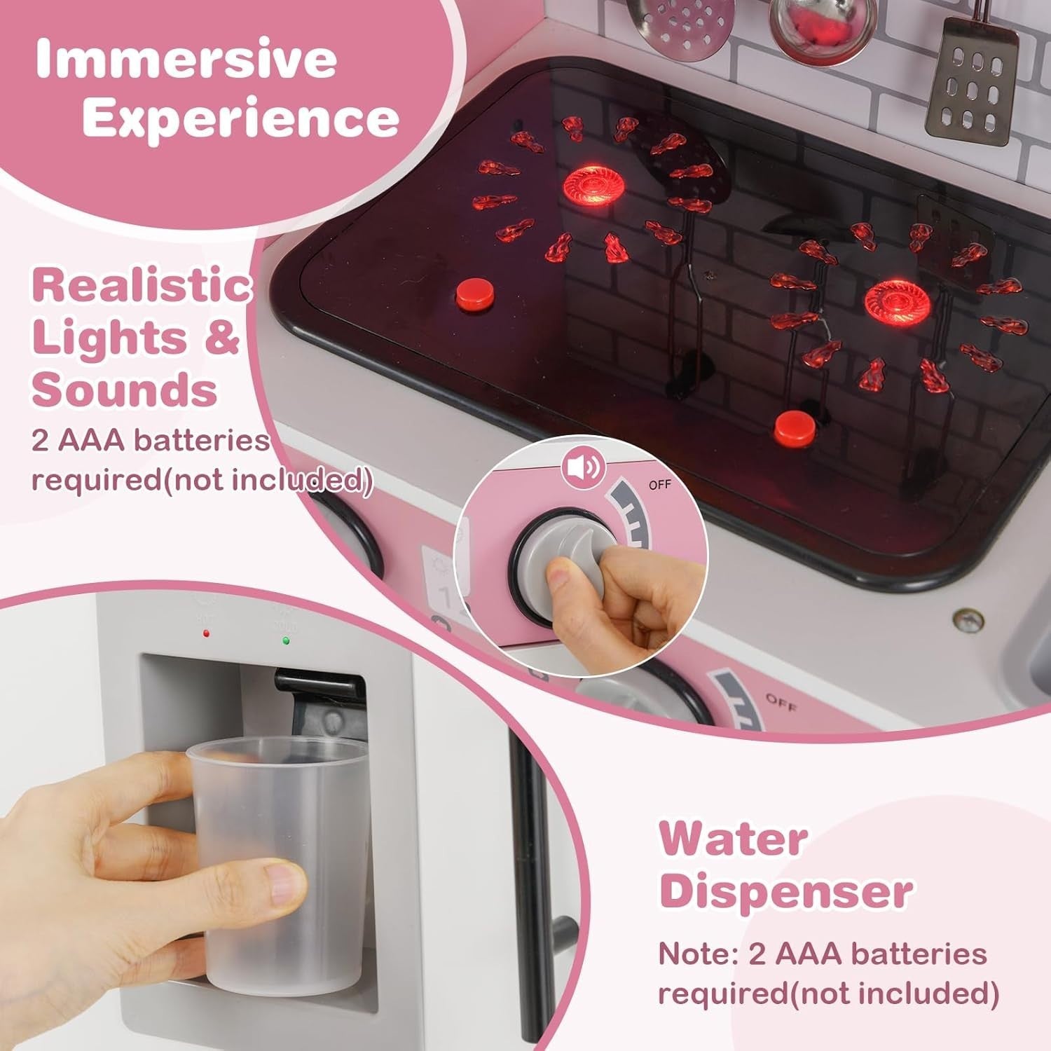 Kids Wooden Play Kitchen Set w/ Lights Sounds Oven Microwave Pink