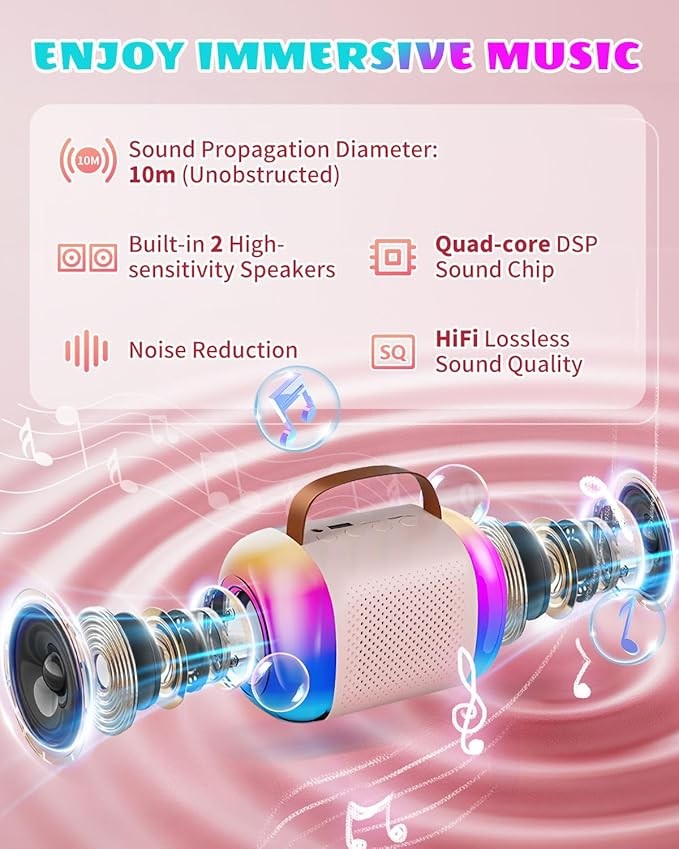 Mini Bluetooth Karaoke Machine for Kids with 1 Mic, LED Lights & Voice Changer