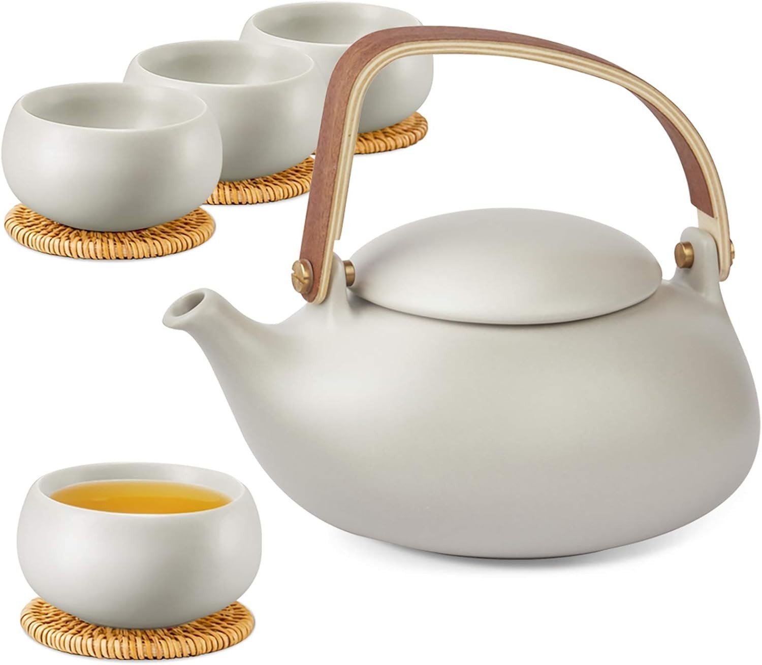 Japanese Tea Set 800ml Ceramic Teapot 4 Cups Infuser Wood Handle Grey