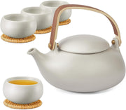 Japanese Tea Set 800ml Ceramic Teapot 4 Cups Infuser Wood Handle Grey