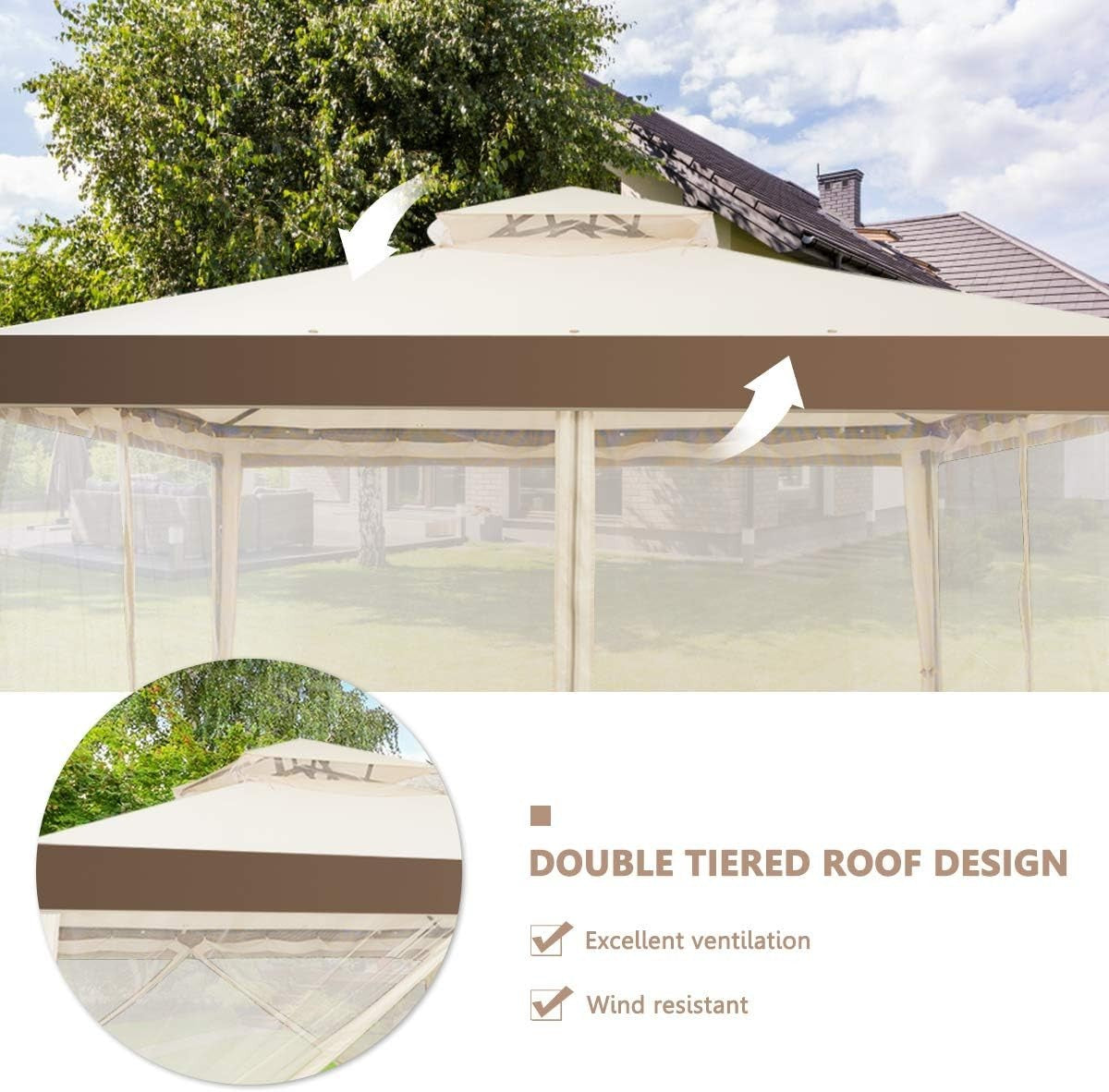 3x3M Beige Outdoor Gazebo With Zipped Mesh Sidewalls Double Roof Patio Tent