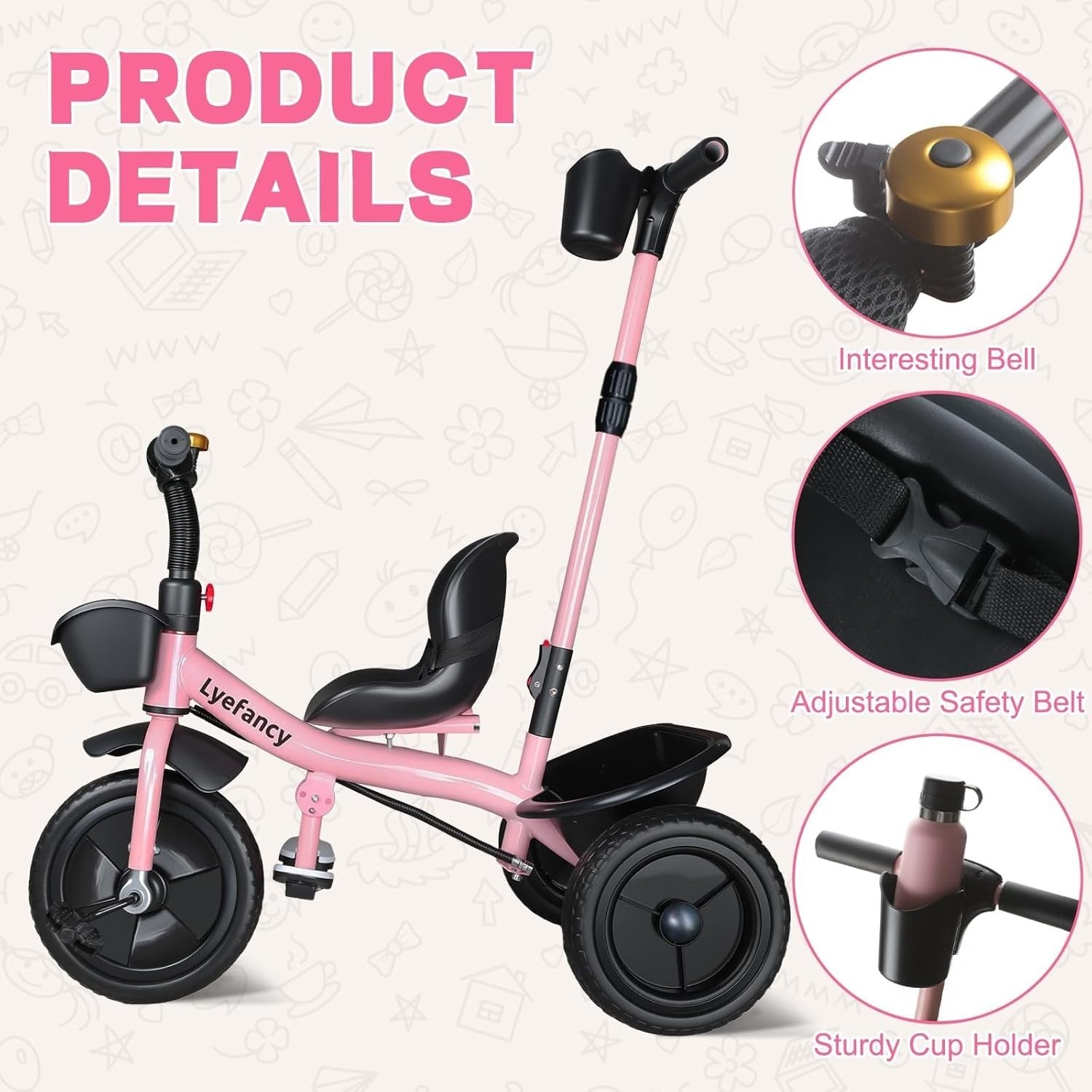 Kids Tricycle 2 In 1 Push Trike Parent Handle Adjustable Seat Basket Pink