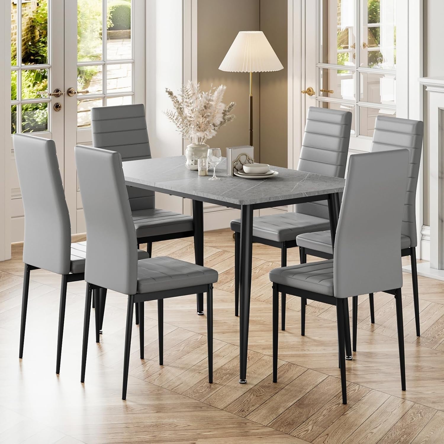 6 Seater Marble Effect Dining Table Set Faux Leather Chairs Modern