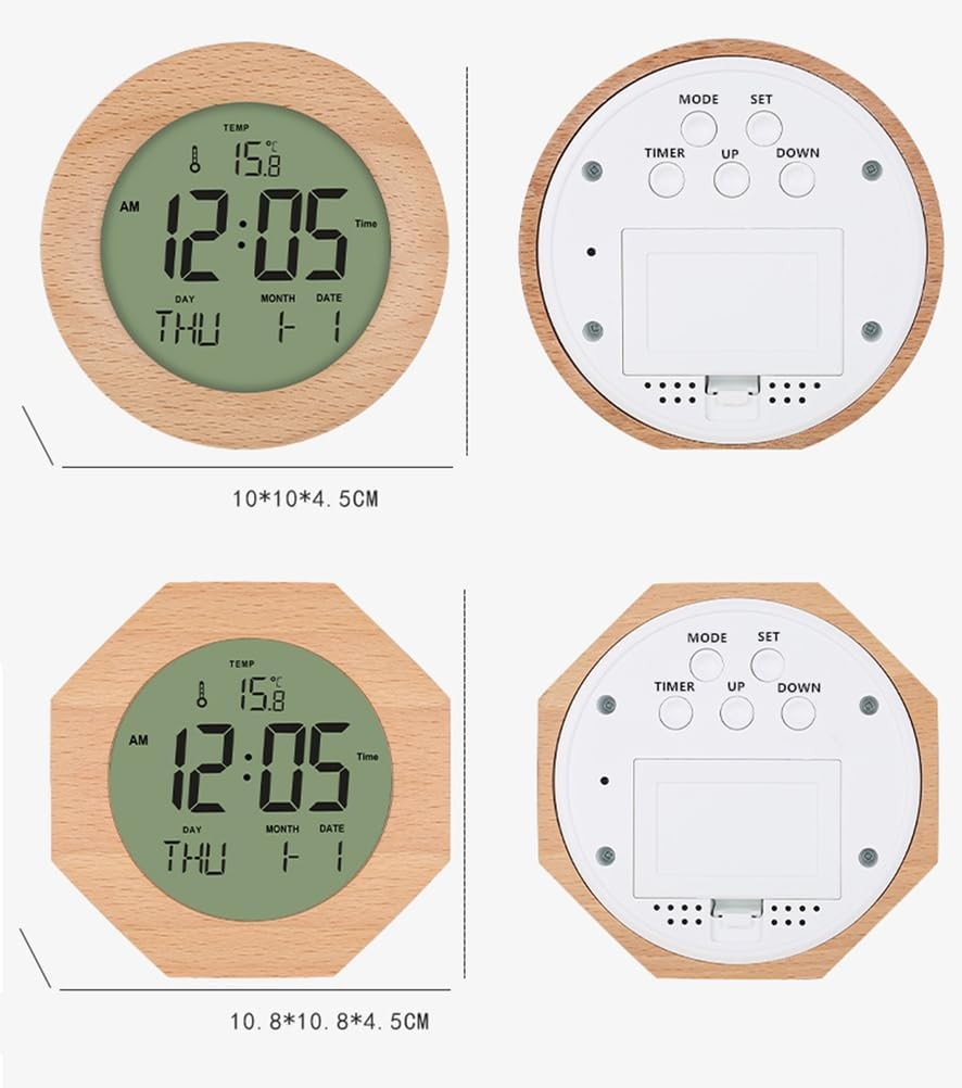 Wooden Digital Alarm Clock Loud Display Temp Date Snooze 12/24H