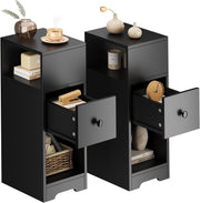 Set of 2 Slim Black Bedside Tables with Drawer & Shelves | Modern